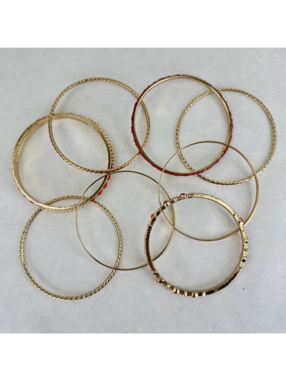 8 pc Coral Bangle Bracelet Set Gold-tone Stackable Textured Beaded Accents 2.5" - Picture 4 of 7